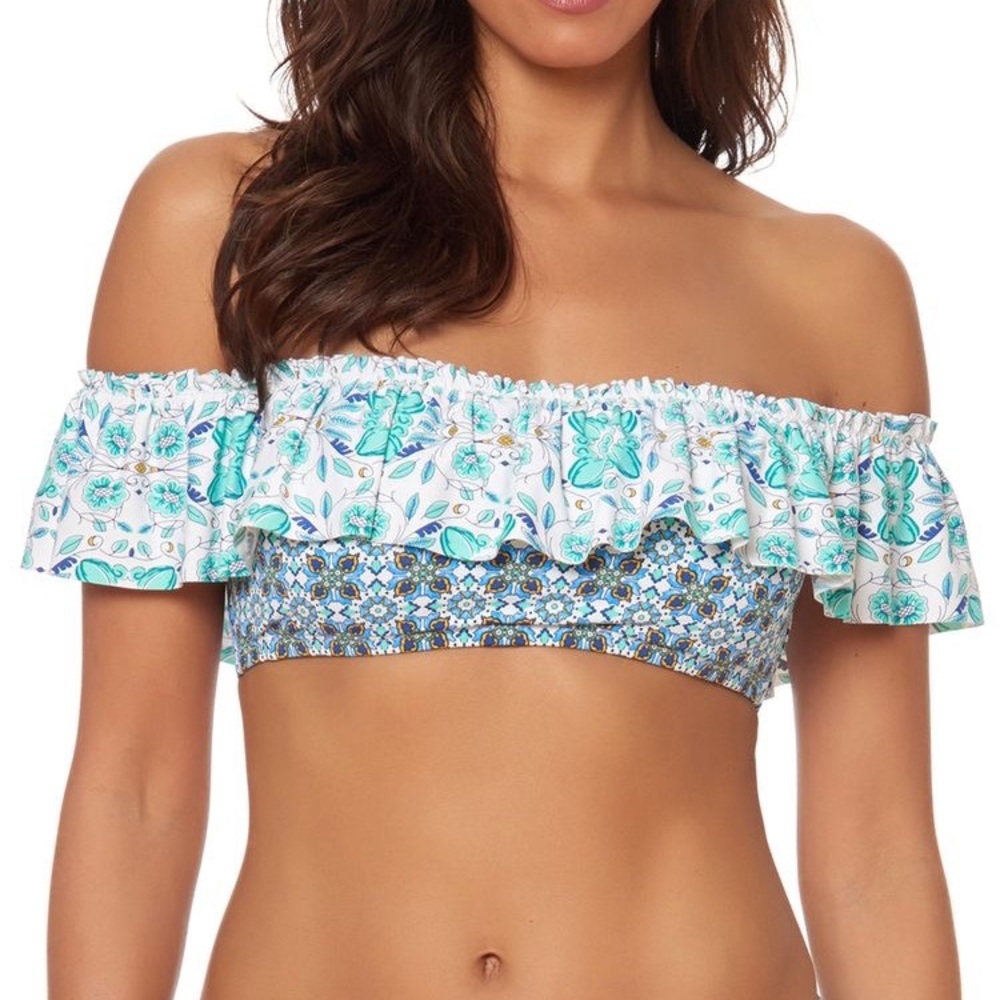 BLEU ROD BEATTIE Off Shoulder Blue Floral Bandeau Bikini Top
